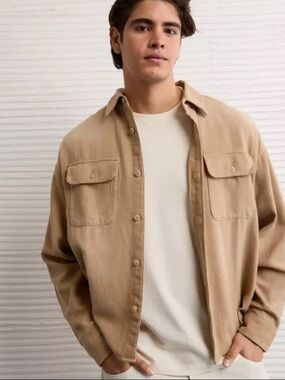 American Eagle Men Size XL Tan AE Boxy Lightweight Flannel Shirt Brand New